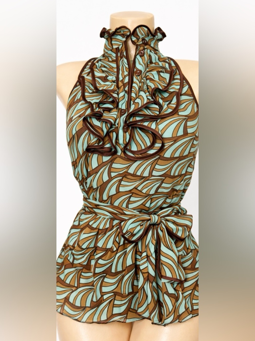Suzy Shier Vintage Teal & Brown Sleeveless Ruffle Halter Top Size XS